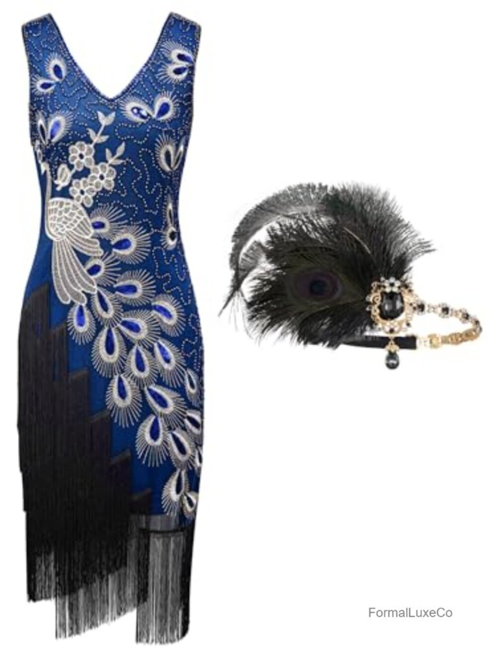 1920s Peacock Flapper Gatsby Dress with Headband Sequined Fringe